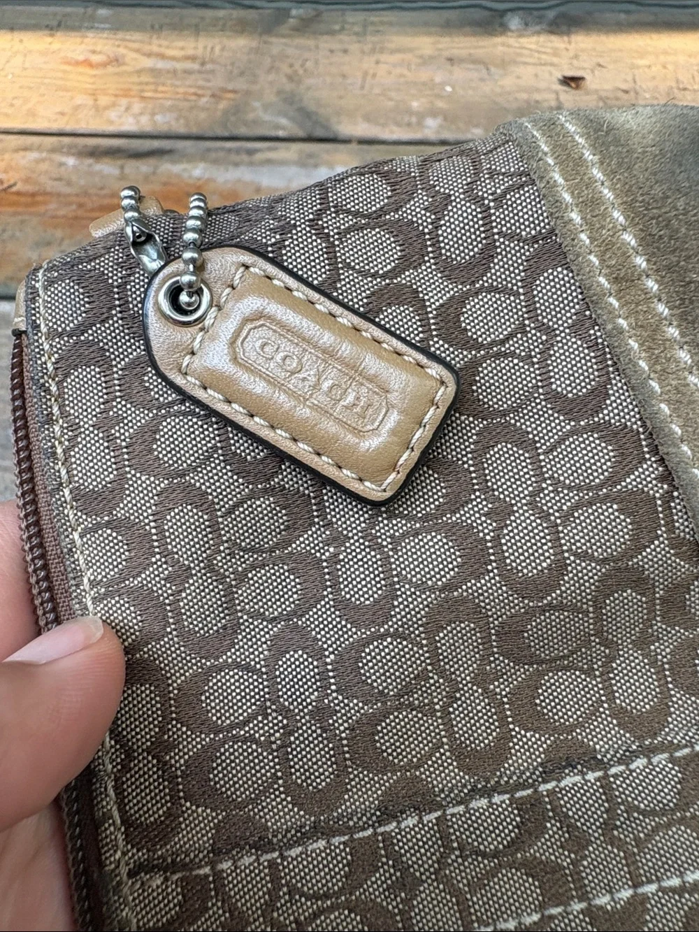 Coach Brown Signature Mini C Canvas Suede Zip Wristlet Leather Trim Hang Tag 6x4